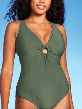 Shade & Shore Women's Ribbed Plunge Ring Detail One Piece Swimsuit - Size L NWOT